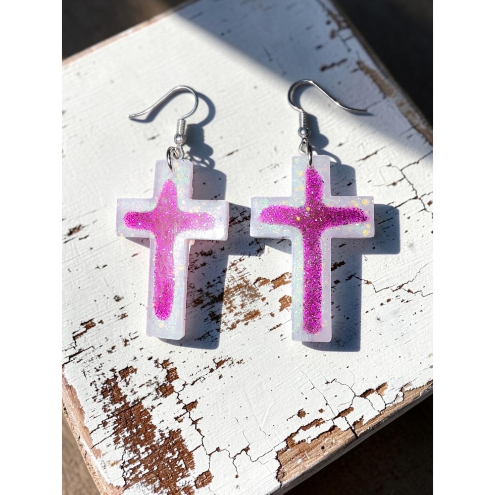 Handmade Pink Ombre Cross Earrings - Picture 4 of 9